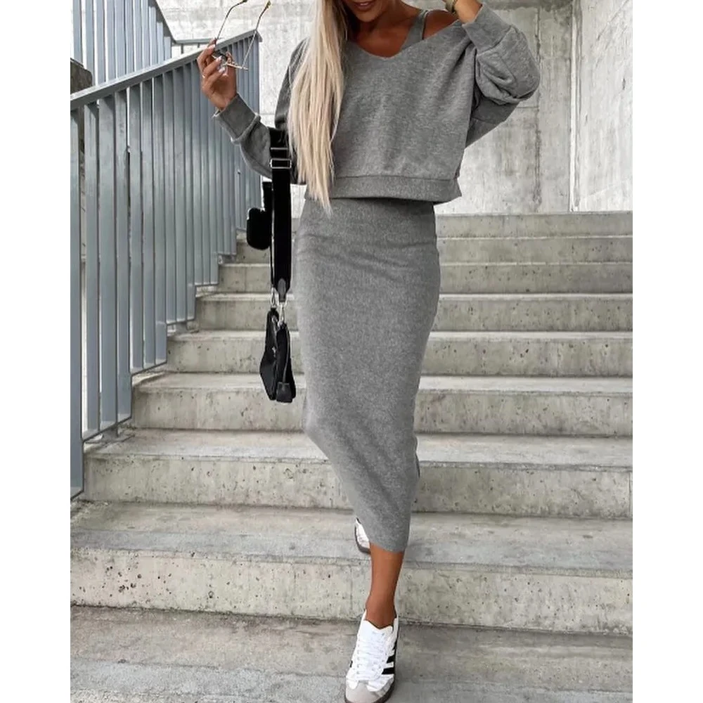 Autumn And Winter Women's Fashion Grey Slim Fit Long Tank Top Dress V-neck Long Sleeve Hooded Sweater Coat 2-piece Set S-2XL
