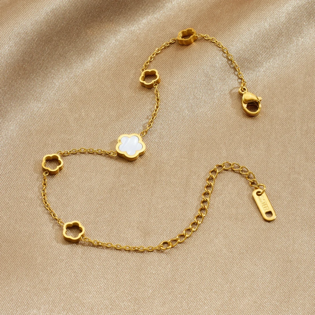 Pulseira Feminina Série Flor Oca com Incrustação de Concha Branca, Aço Inoxidável 316L, Clássica, Não Desbotável, Joia para Festa, Presente