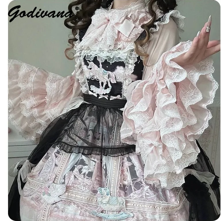 Sweet Girls Lolita Ji Sleeve Blouse New Spring and Autumn Lace Stitching Stand Collar Bow Flare Sleeve Pink Shirt Tops for Women