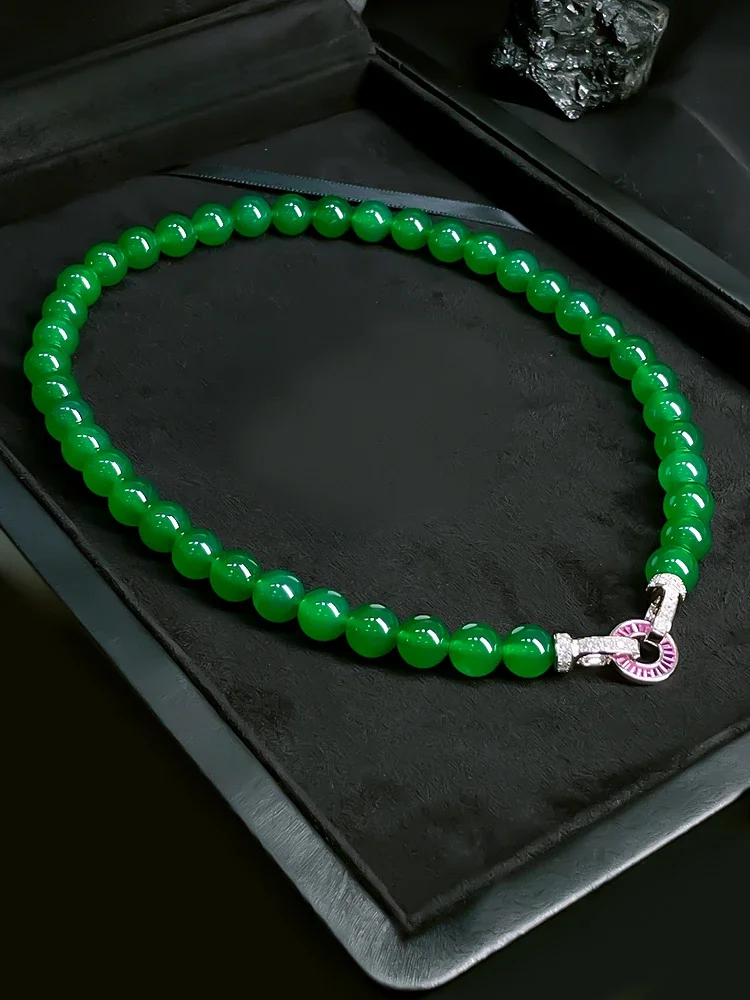 2024 New 10mm Natural Green Jade Bead String, Full of Green Temperament, Retro New Chinese Necklace, Collarbone Chain