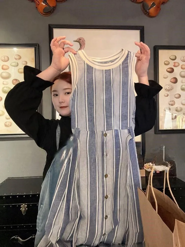 

Vintage Minimalist Artistic Stripe Vest Dress Retro Fashion Summer Clothing Korean Style Polyester Fiber Spring Season