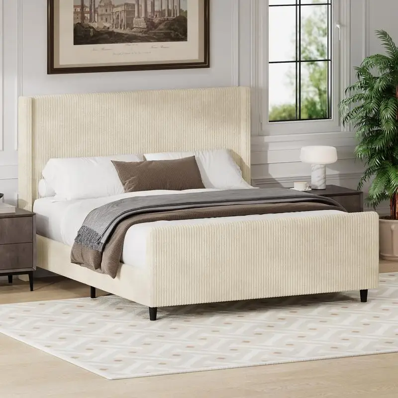 Queen Size High Headboard Corduroy Upholstered Bed Frame with Vertical Stripe Wingback and High Footboard, No Box Spring