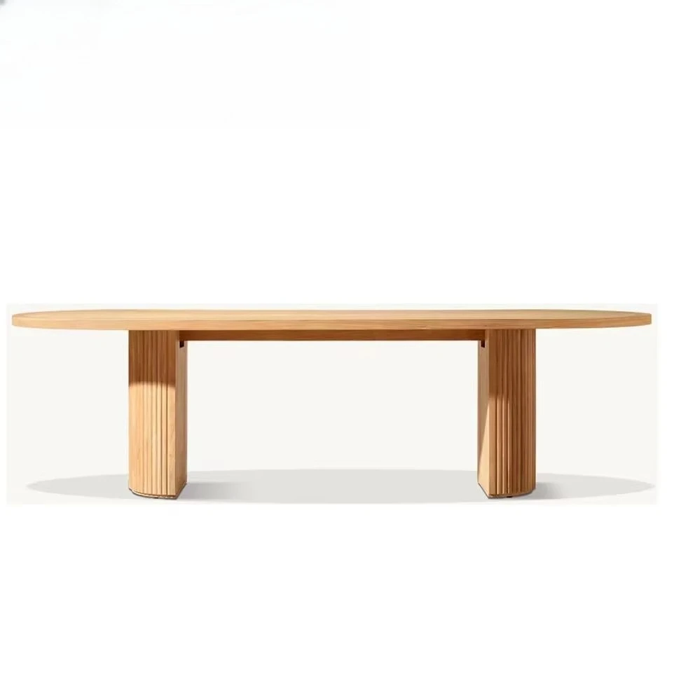 Minimalist French Style Solid Wood Dining Table Oval Rectangular Shape Premium Teak Base Home Hotel Dining Furniture