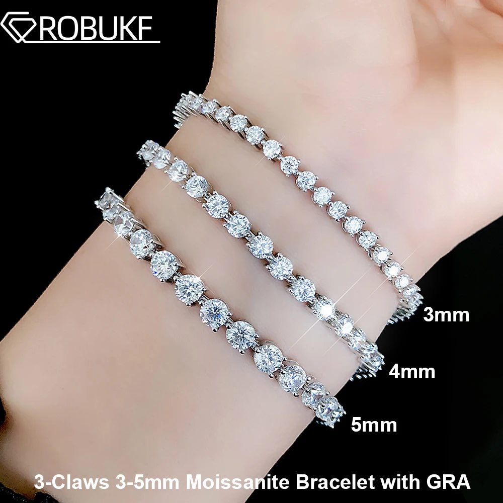 3/4/5mm Moissanite Tennis Bracelet for Women Men 3 Claws Full Diamond 925 Sterling Silver Plated 18K Gold Jewelry GRA Certified