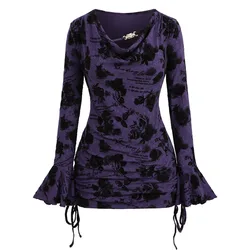 ROSEGAL Plus Size Cowl Neck Poet Sleeves Tops Rose Flower Letters Flocking Jacquard Embroidered Cinched Chain T-Shirts Purple