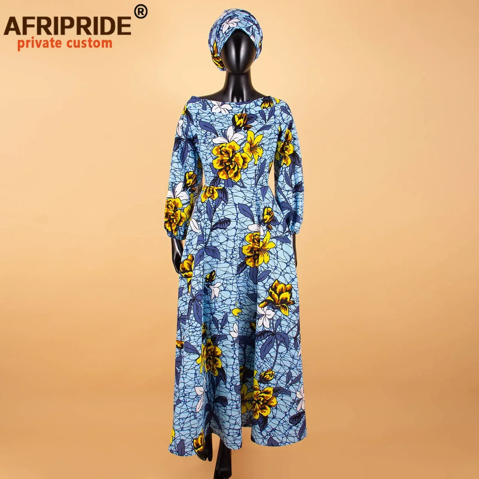 African Maxi Dress for Women Long-sleeves Ankle-length Party Long Dress Plus Size with A Small Headscarf AFRIPRIDE A722559