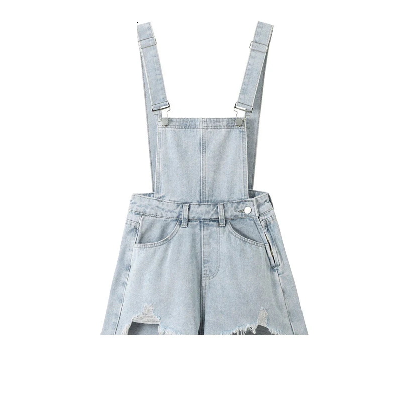 Summer New Women Denim Overalls Loose High Waist Hole Raw Edge Wide Leg Hot Pants Casual Female Strap Shorts