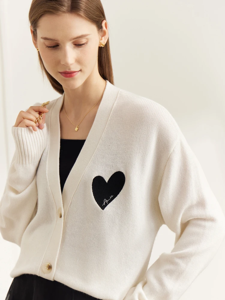 AMII Minimalism Sweater Cardigan for Women winter 2022 Wool Sweater Warm Elegant Love Embroidery V-neck Knitted Top 12270479