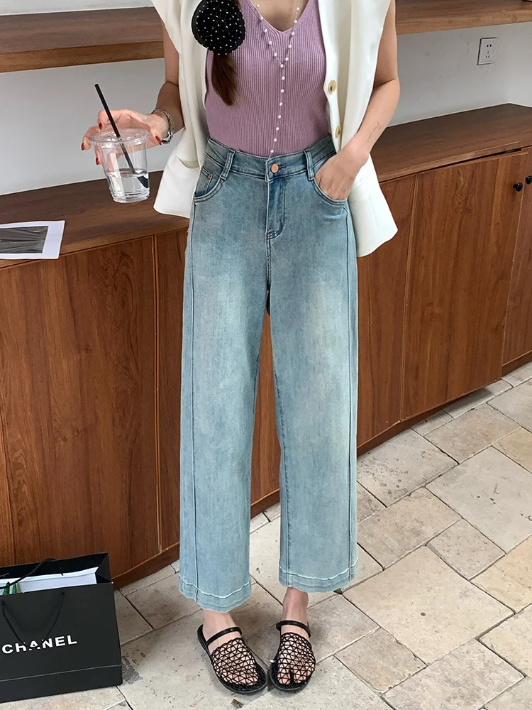

plus Size Women's Summer Korean Style High Elastic Wide Leg Jeans Loose Fit Slimming Nine-Piece Straight Leg Pants