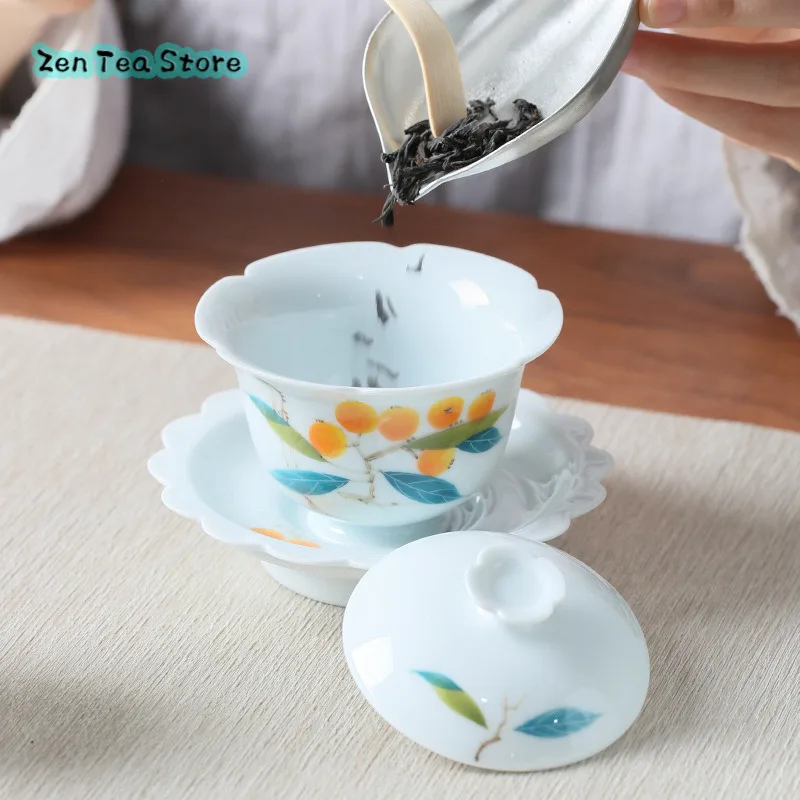 Hand-painted Loquat Three Cover Bowl Under Celadon Glaze Color Kung Fu Tea Set Tea Bowl