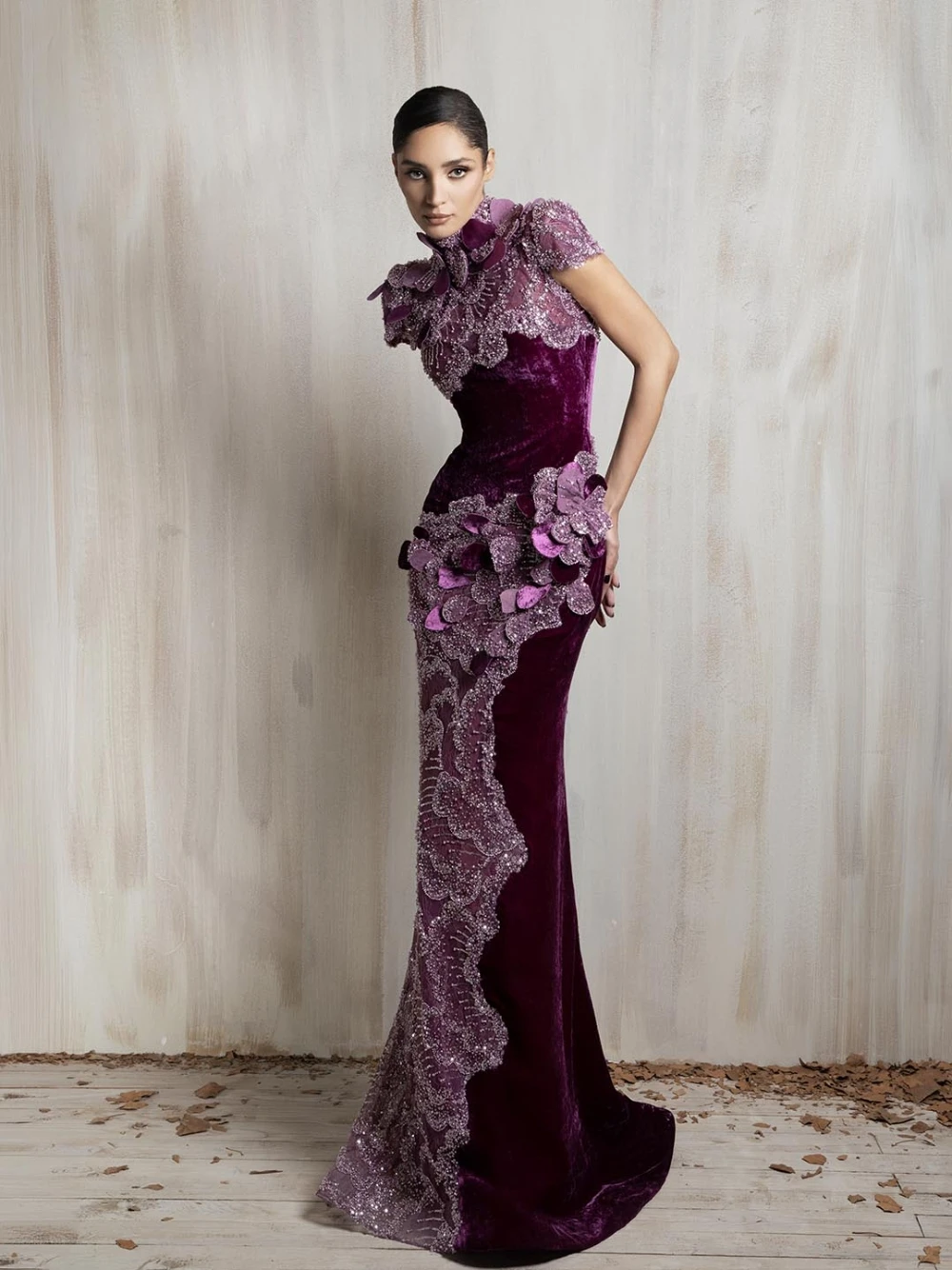 GRACEPROM Haute Couture Purple Velvet Mermaid Evening Gown Handmade 3D Flowers Beaded Lace Formal Dress For Red Carpet Cocktail