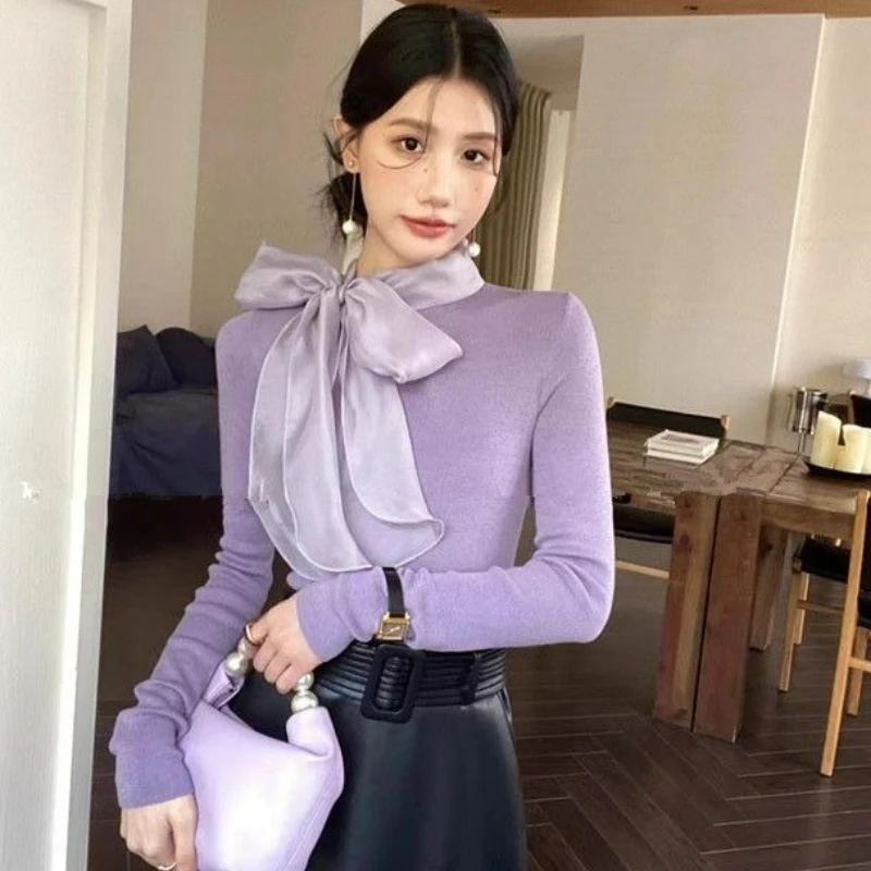 

Осенний модный облегающий базовый слой верхней одежды: французский элегантный свитер с бантом, фиолетовый, с длинными рукавами, вязаный, для женщин