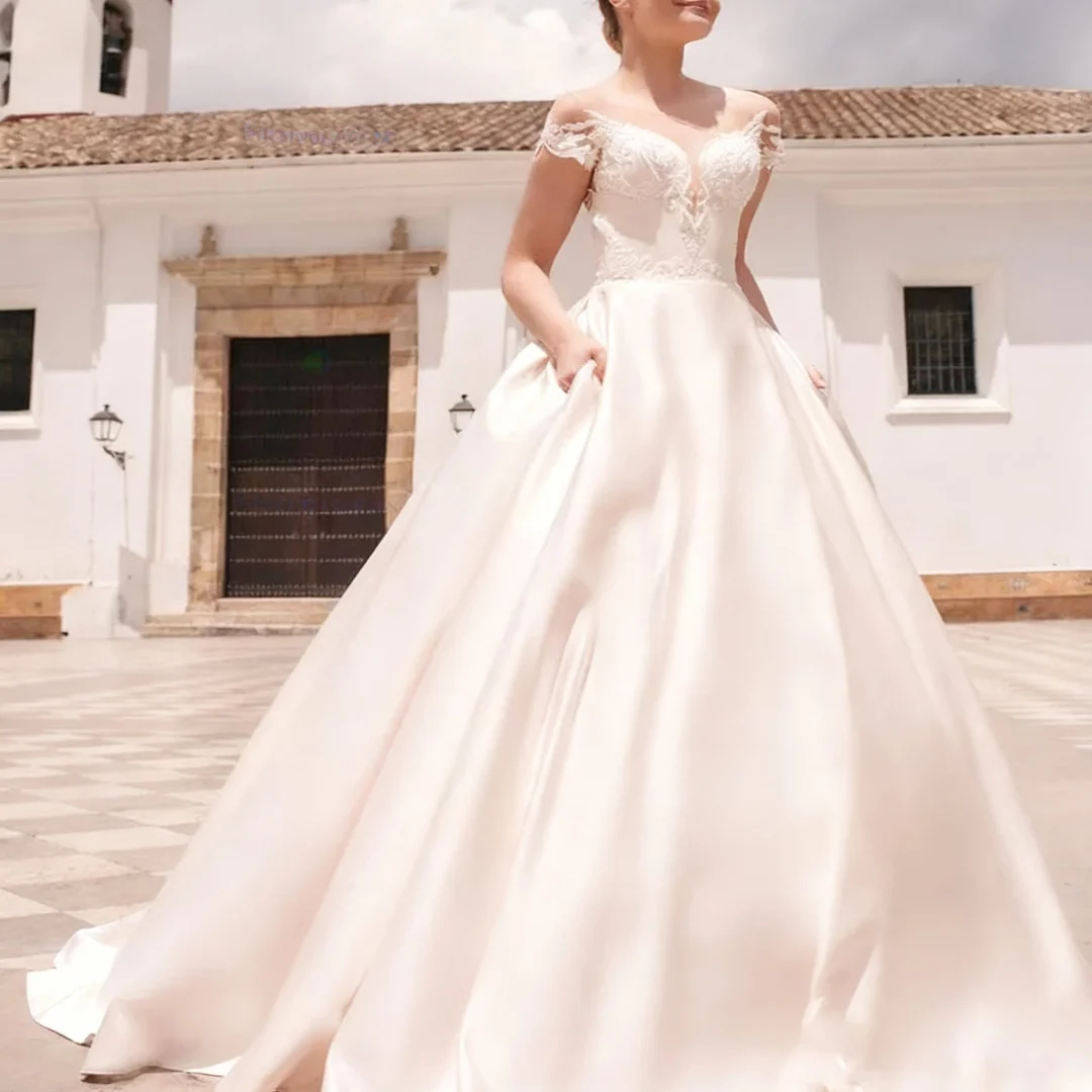 Robes de mariée en Satin à manches courtes, élégantes et personnalisées, avec des appliques en dentelle, robes de soirée formelles pour mariée