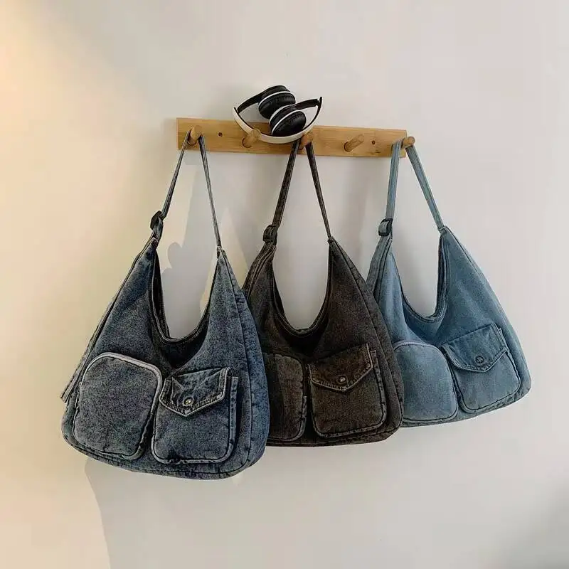 

Новая джинсовая сумка через плечо с двойным карманом и регулируемым ремнем на молнии, повседневная повседневная модная дорожная минималистичная сумка для путешествий под мышками