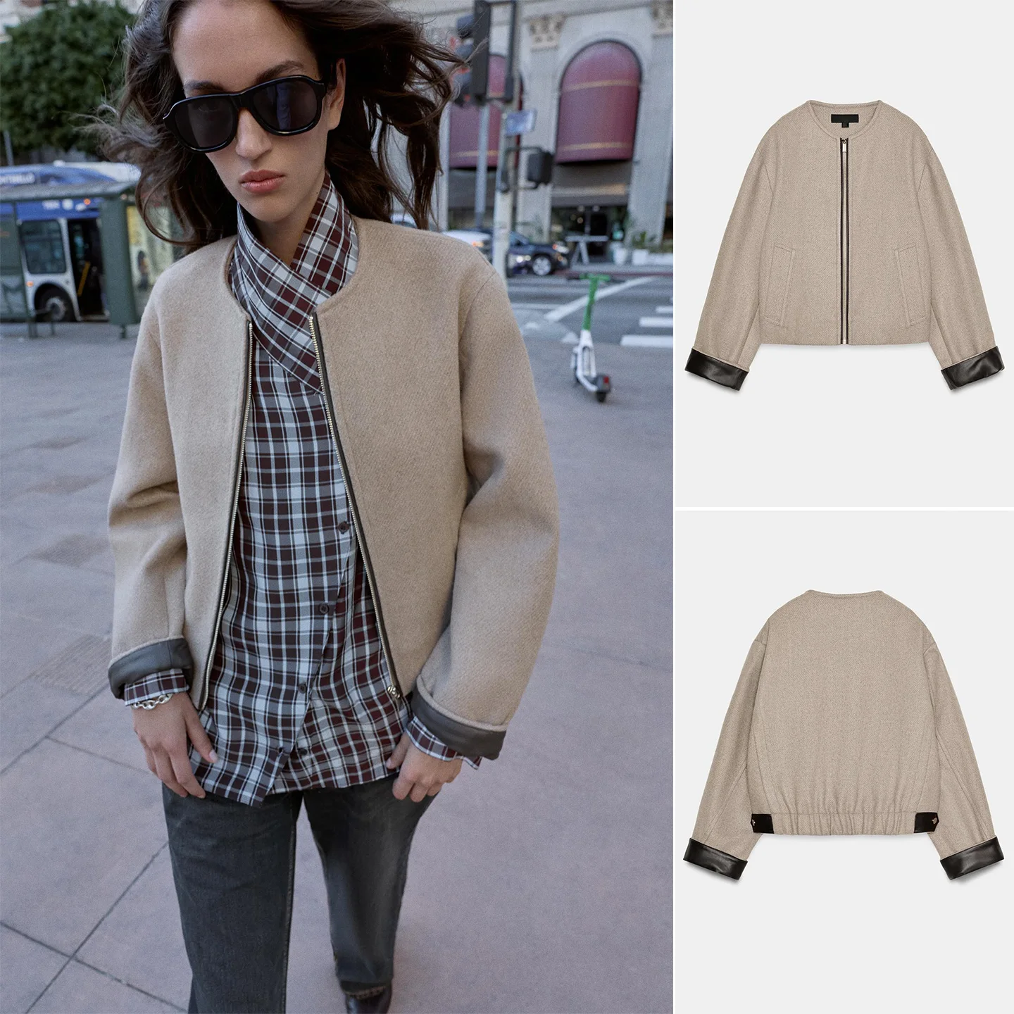 

Spring New Women's Loose round Ne Long Sve Leather Effect Jaet Coat Casual Sle Polyester Fiber ort Length Zipper