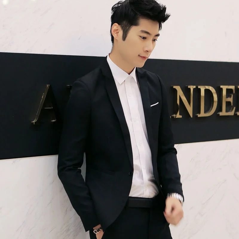 Fashionable Casual Men's Business Suit  New Style Slim Fit Small Jacket Pure Color Flat Collar No Button Spring Autumn