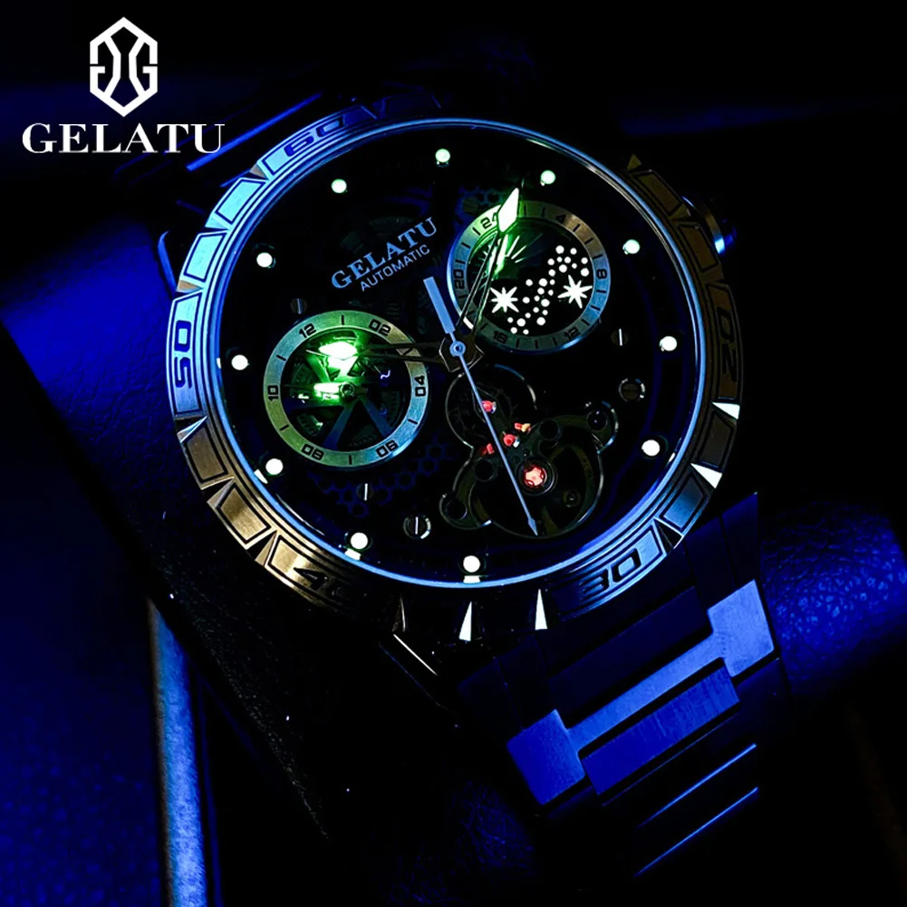 GELATU Tourbillon Automatic Mechanical Watches for Men 5Bar Waterproof Sapphire Luxury Black Steel Man Watch Relogios Masculino