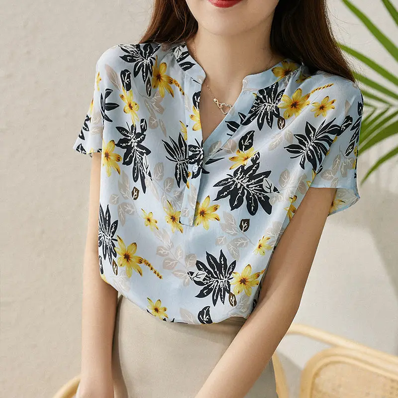 Fashion V-Neck Short Sleeve Printed Chiffon Blouses Women's Clothing 2025 Summer New Loose All-match Tops Commuter Shirts