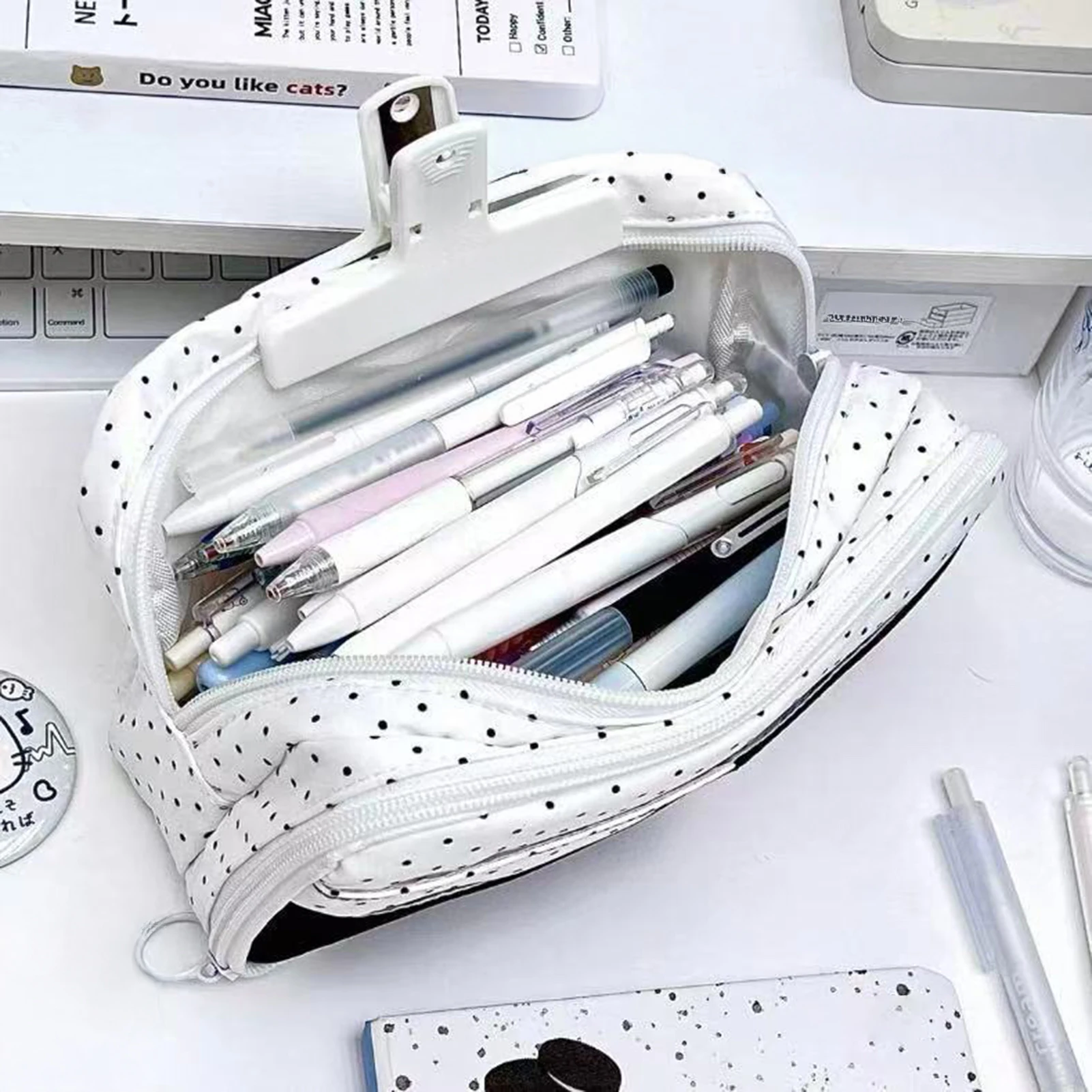 Hochdichtes Nylon-Federmäppchen mit Katzen-Polka-Dot-Print, mehrschichtiger Organizer, großes Federmäppchen für Schülerinnen