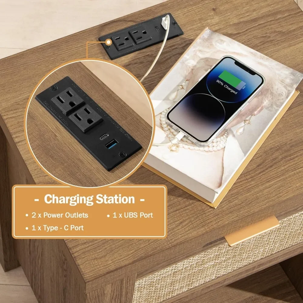 Rattan Nightstand Farmhouse Night Stands with Charging Station Bedside Table with Drawer Boho End Table with image 3