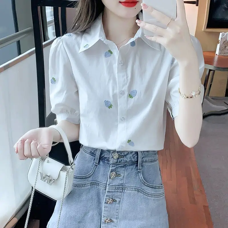 2024 Summer New Preppy Style Fashion Polo Neck Short Sleeve Chiffon Blouses Tops Printed Single-breasted Loose All-match Shirts