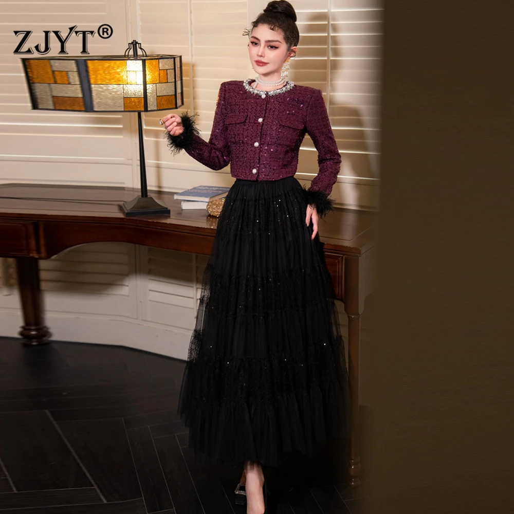 

ZJYT Элегантный роскошный твидовый костюм с бриллиантами и длинной юбкой, осенний женский наряд из двух предметов, новинка 2025 года, вечерние комплекты сетчатых платьев