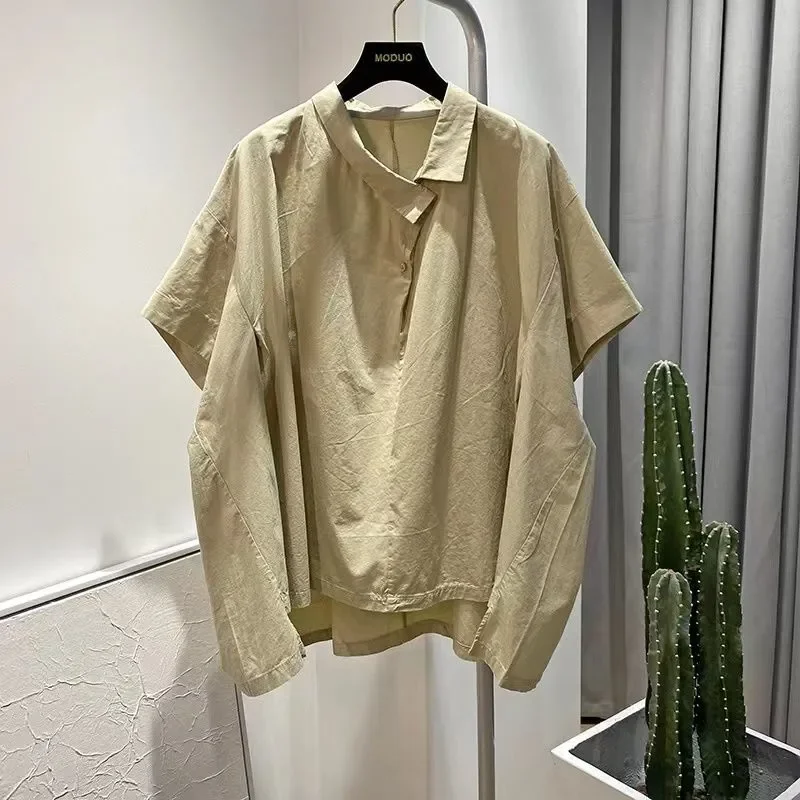 Camisa de manga corta con cuello inclinado Irregular para mujer, Top versátil holgado y adelgazante de verano