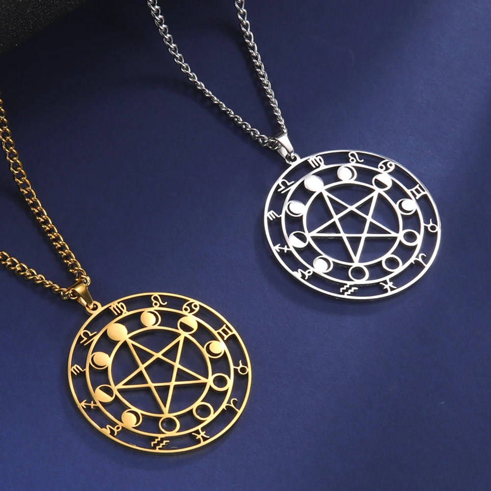 Dawapara Vintage Interted Pentagram Pentacle Pendant Necklace Crescent Moon Phase Wiccan Amulet Stainless Steel Necklace