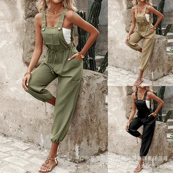 女性用サスペンダー付きジャンプスーツ、カーゴパンツ、ロングオーバーオール、ハイウエストロンパース、レースアップ、ノースリーブ、カジュアルジャンプスーツ、1個