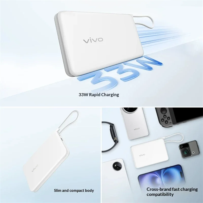 Vivo Power Bank 33W Fast Charging10000mAh Built-in Cable Ultra-Thin, Portable 3C Certified Compatible with Airline Regulations