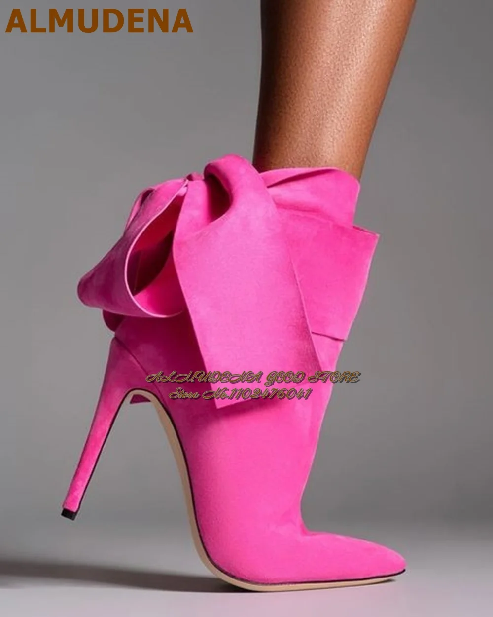 ALMUDENA Hot Pink Suede Big Butterfly-Knot Ankle Boots Stiletto Heel Pointed Toe Bowtie Booties Elegant Black Evening Shoes