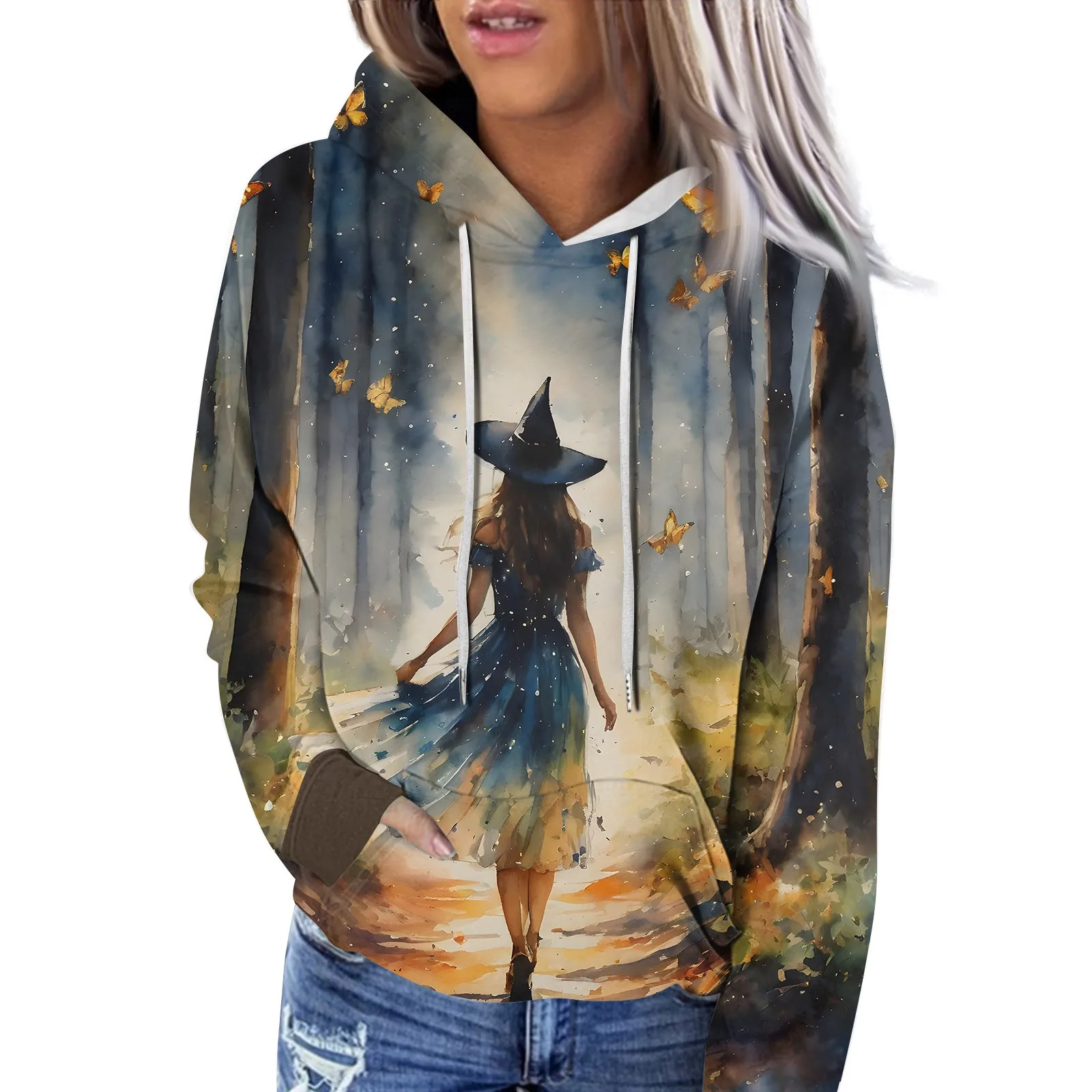 Autumn And Winter Women\'S Long Sleeved Hooded Sweatshirt Casual Halloween Witch Pattern Printed Hoodie Pullover For Women