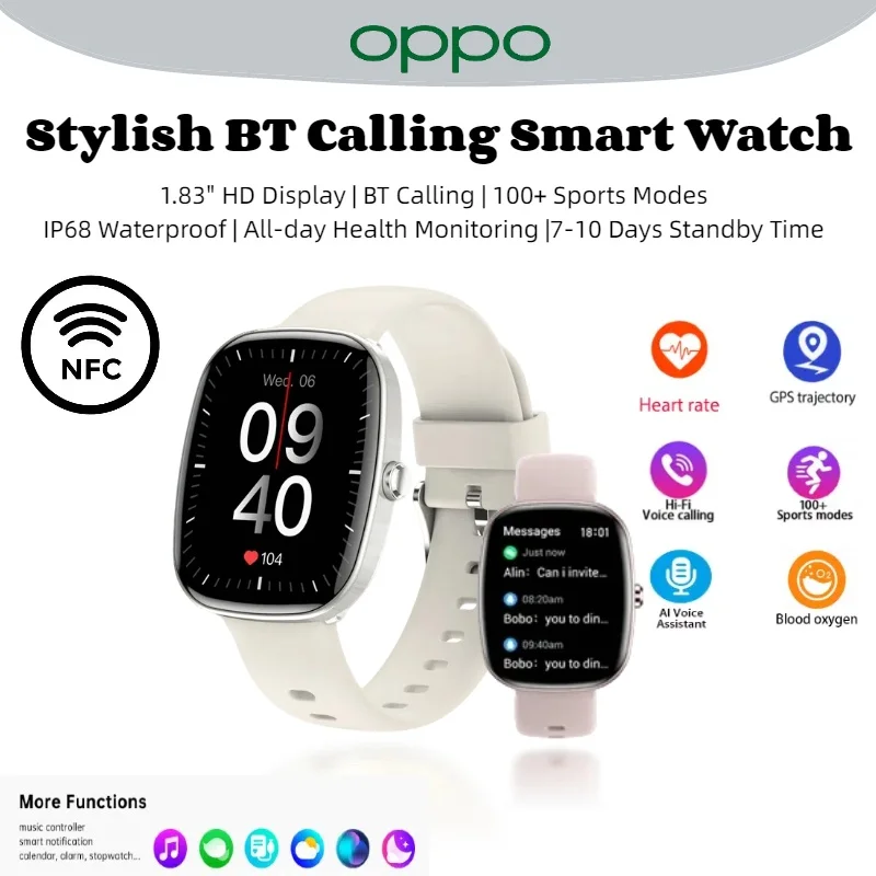 

OPPO модные спортивные умные часы 1,83-дюймовый сенсорный экран IP68 водонепроницаемый Bluetooth-вызов 24 часа монитор здоровья полностью совместимый