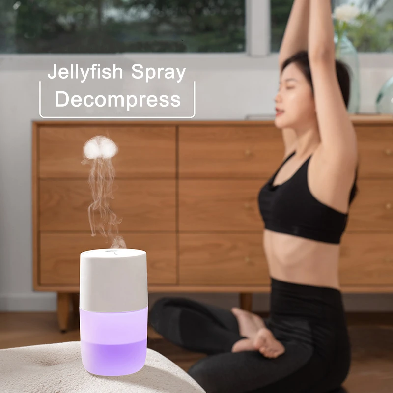 

360ML Wood Grain Jellyfish Air Humidifier USB Ultrasonic Cool Mist Maker Fogger with Colorful LED Lamp Car Aroma Umidificador