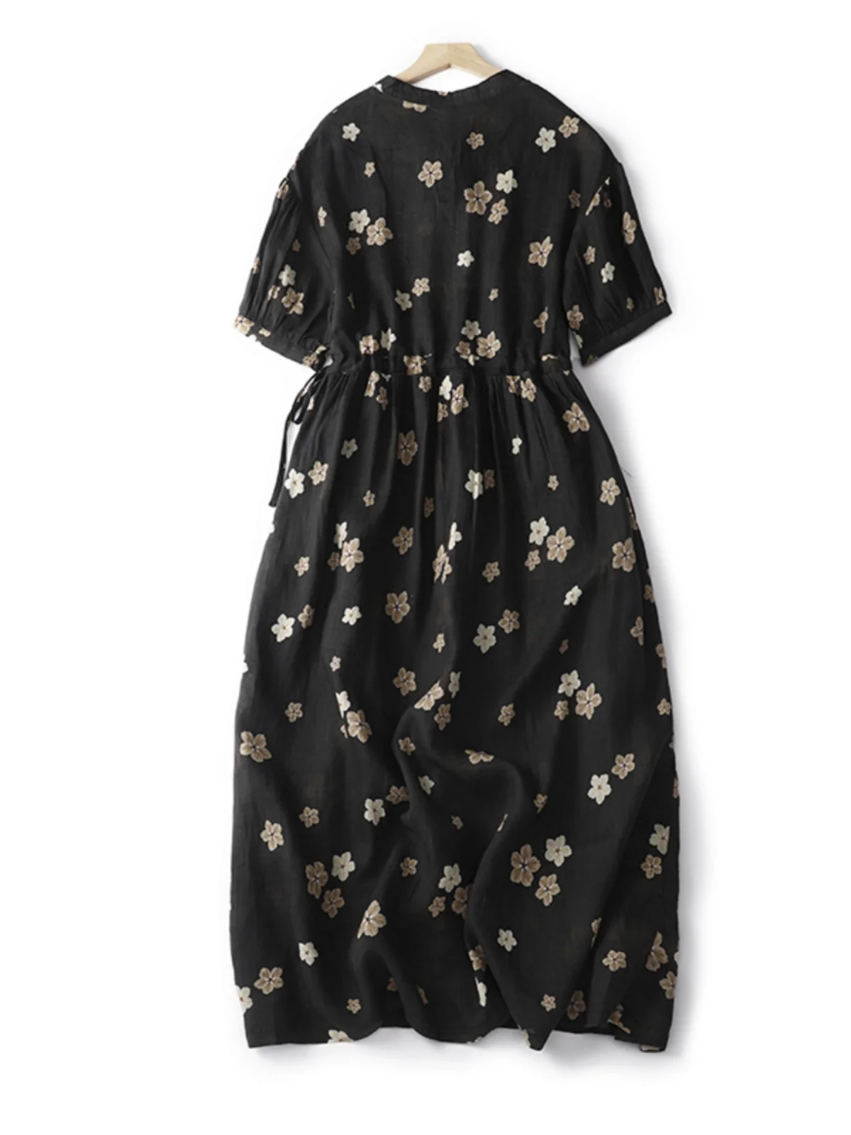 레트로 고급 린넨 플로럴 프린트 드레스 여성용 반팔 벨트 허리 조임 롱 스커트 출퇴근 스타일 프린트 시스루 원단