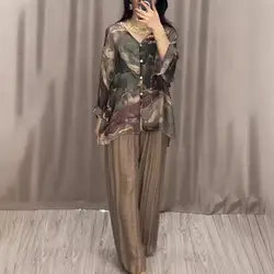 Women Top Pants Set Marble Print Long Sleeves Single-breasted Blouse Wide Leg Pleated Loose Trousers Casual Female Clothes