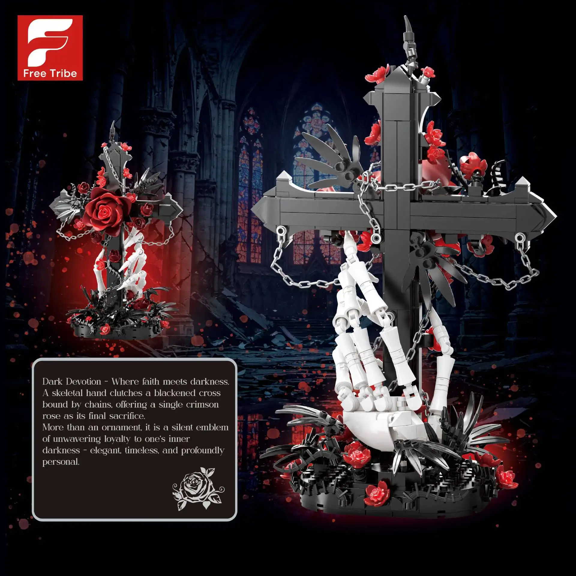 720PCS Skeleton Lock Red Oath Building Blocks Set Gothic Dark Cross Red Rose Skull Hand Chains Horror Decor Toys Halloween