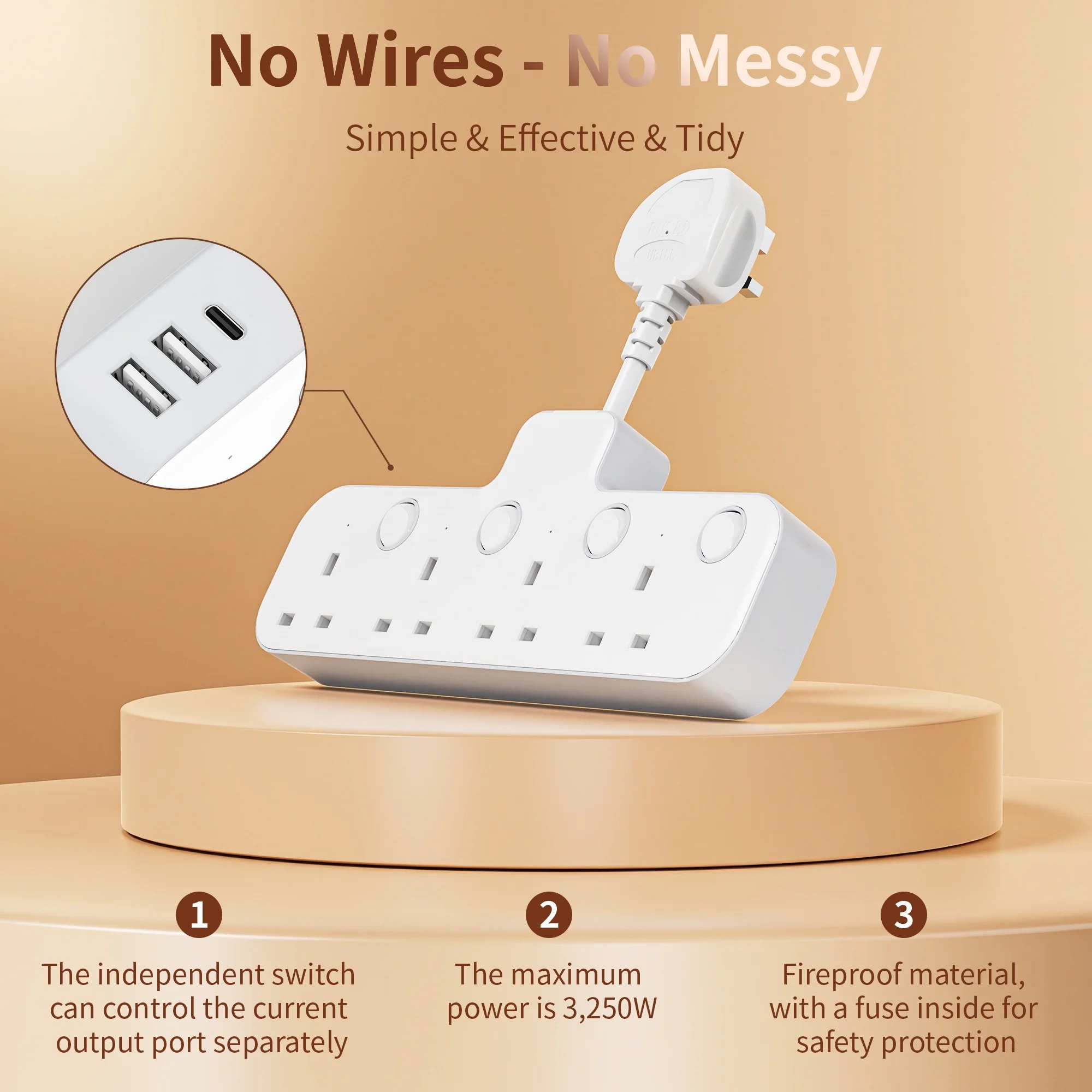 Standard Type g Plug Multi-Functional Wall-Mounted Power Socket, Multiple Power Expansion Outlets, Independent Power Control Switch, 3 USB Output Ports, Fire-Resistant Material, Surge Protection, Maximum Power 3250 Watts, Supports Simultaneous Use of Multiple Devices, Suitable for Use in Countries Such as the Uk/Saudi Arabia/Singapore/Malaysia/Qatar/Indonesia