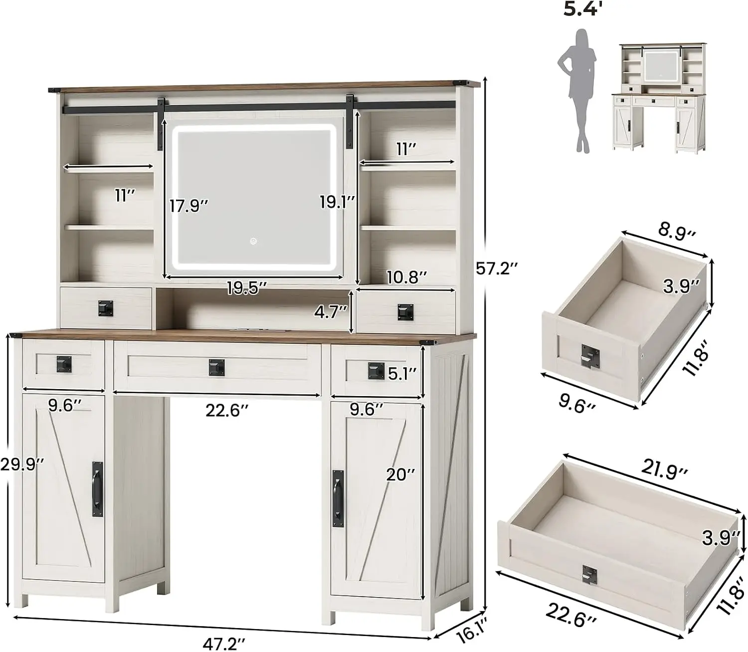 Farmhouse Makeup Vanity Desk with Sliding Mirror and Lights, 47.2