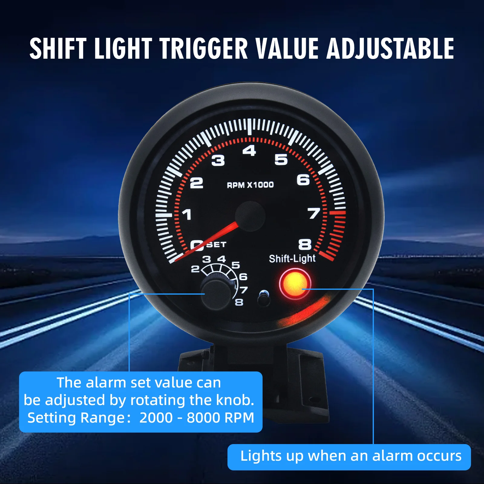 New 0-8000 RPM Tachometer with Red Shift Light 95mm 3.75 inch Black Tachometer White LED Auto Tacho Gauge For 12V Car