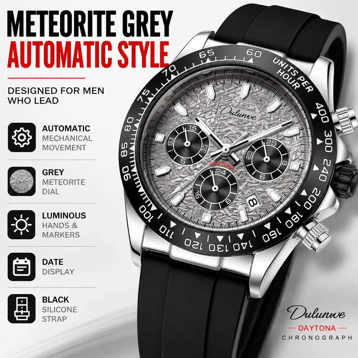 

Men’s Automatic Mechanical Watch, Grey Meteorite Texture Dial, Multi-Function Display, Luminous Hands, Date Window, Exhibition