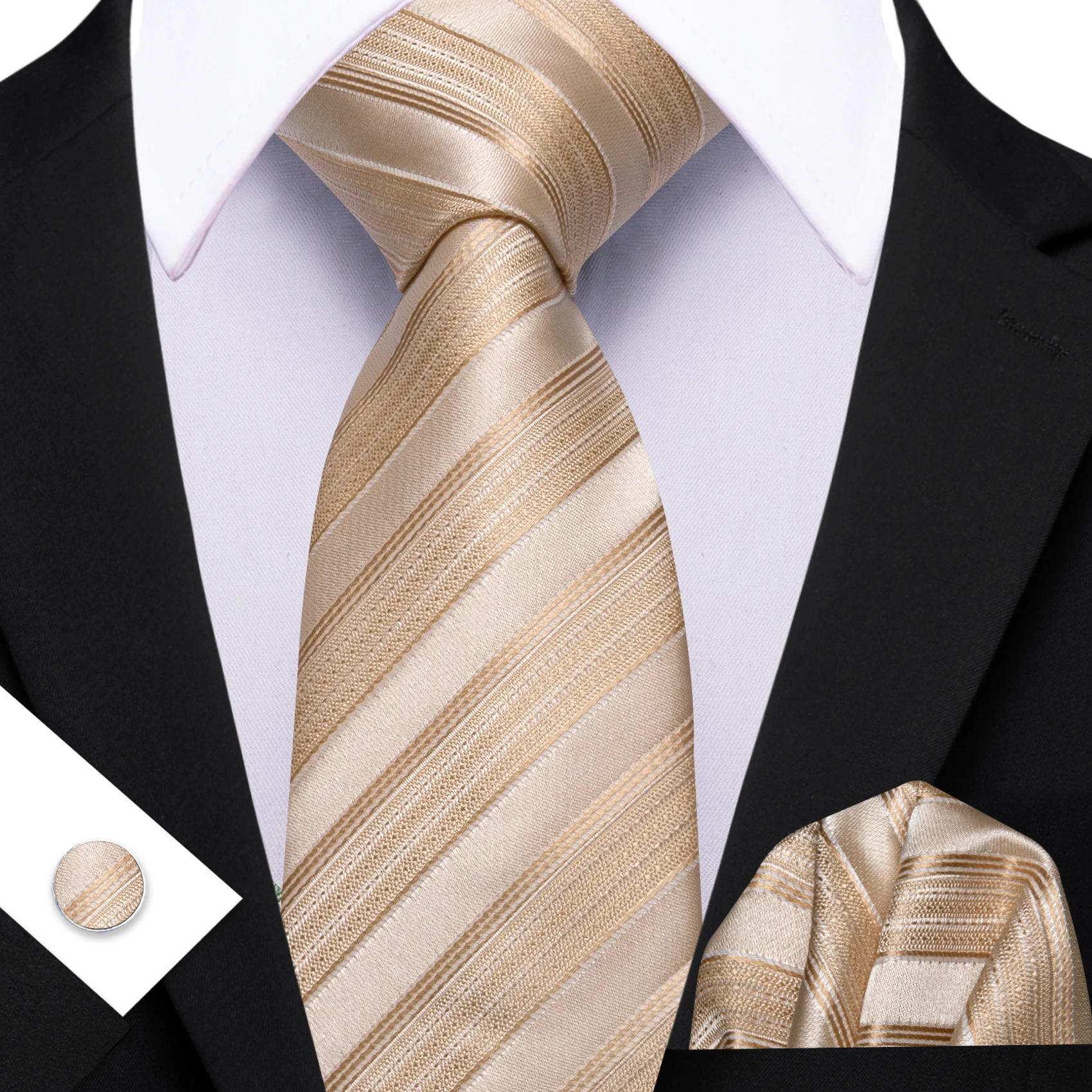Herren-Krawatte, Champagner, Violett, Himmelblau, gestreift, Krawatten, Einstecktuch, Manschettenknöpfe, Set, Krawatte, formelle Hochzeit, Dinnerparty