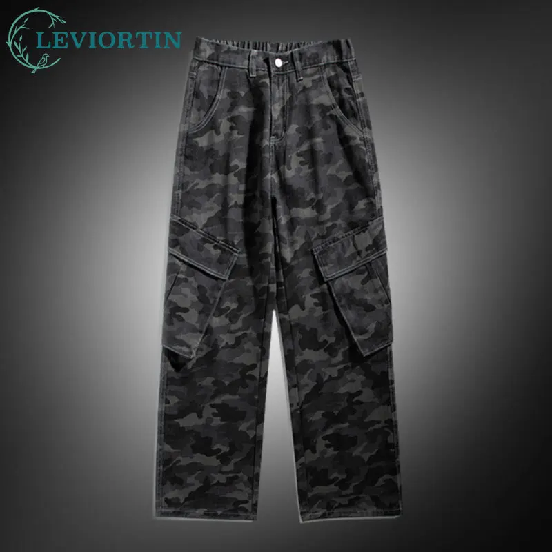 Mens Loose-Fit Straight-Leg Cargo Pants Korean Style Casual Camouflage Straight Pants With Multiple Pockets Man Outdoor Workwear