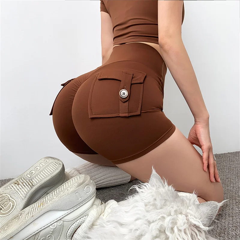 TRY TO BN Yoga Shorts Pants With Pocket Fitness Buttock High Waist Leggings Push Up Workout Cycling Sport Short Gym Tights Women