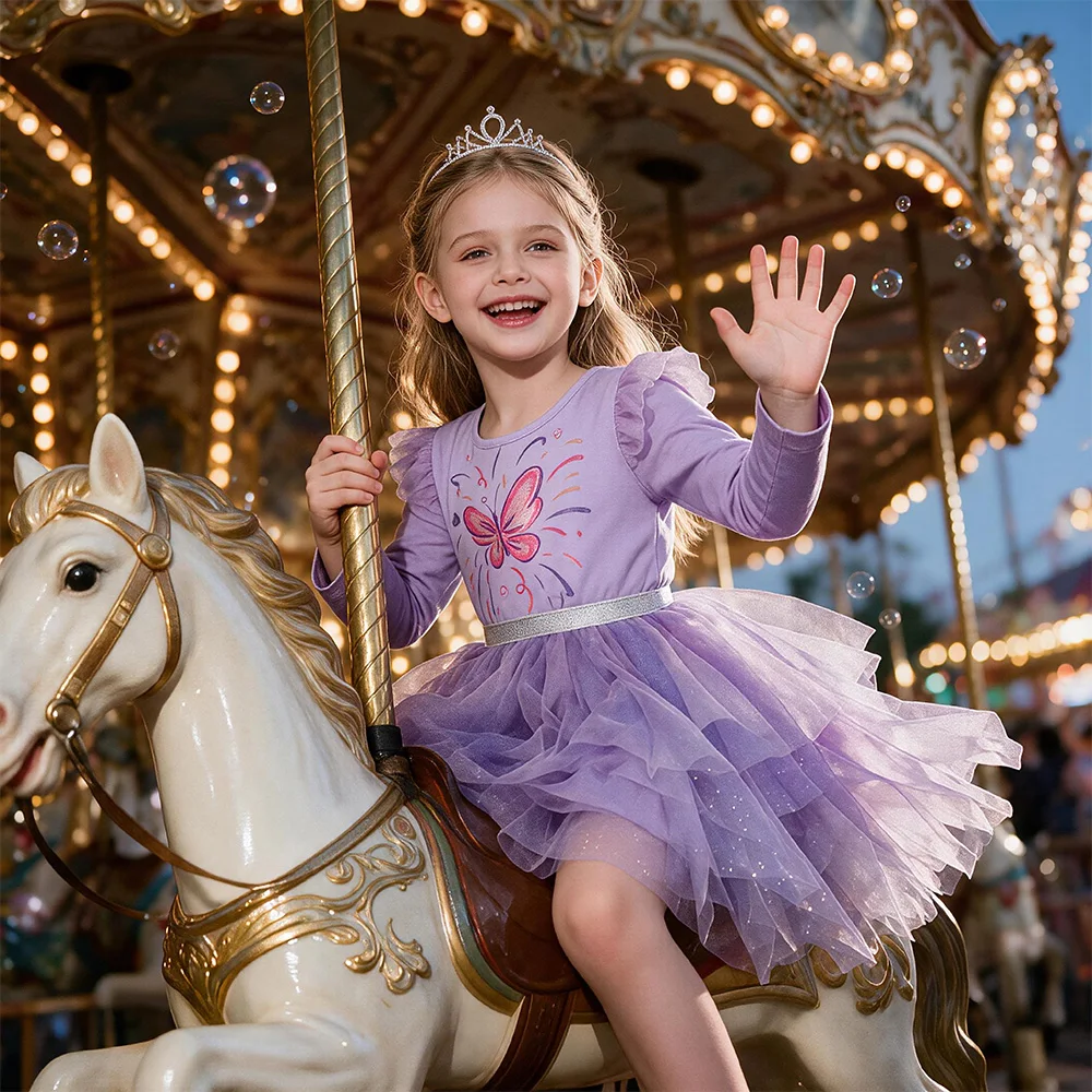 VIKITA Toddlers Long Sleeve Purple Tulle Dress Kids Butterfly Princess Party Sparkly Elegant Layered Tutu Dresses Kids Clothes