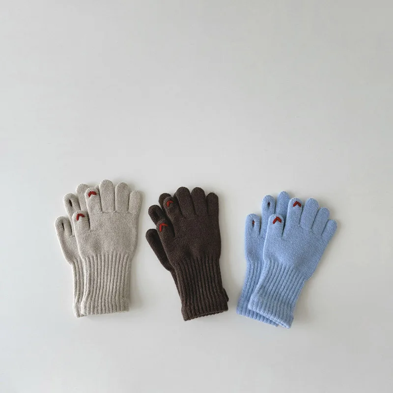Winter Warme Kinder Lange Handschuhe Solide Wolle Fünf Finger Handschuh Gestickte Liebe Gestrickte Fäustlinge 4-8year Kinder Touchscreen Handschuhe – Detail 4