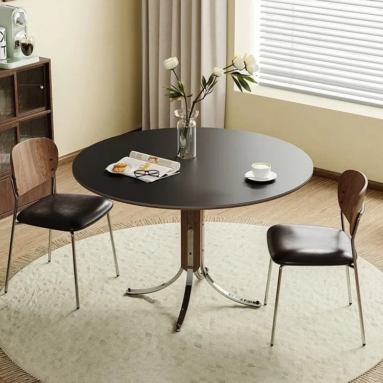 Small round dining table French retro black round Bauhaus stainless steel negotiation conference table