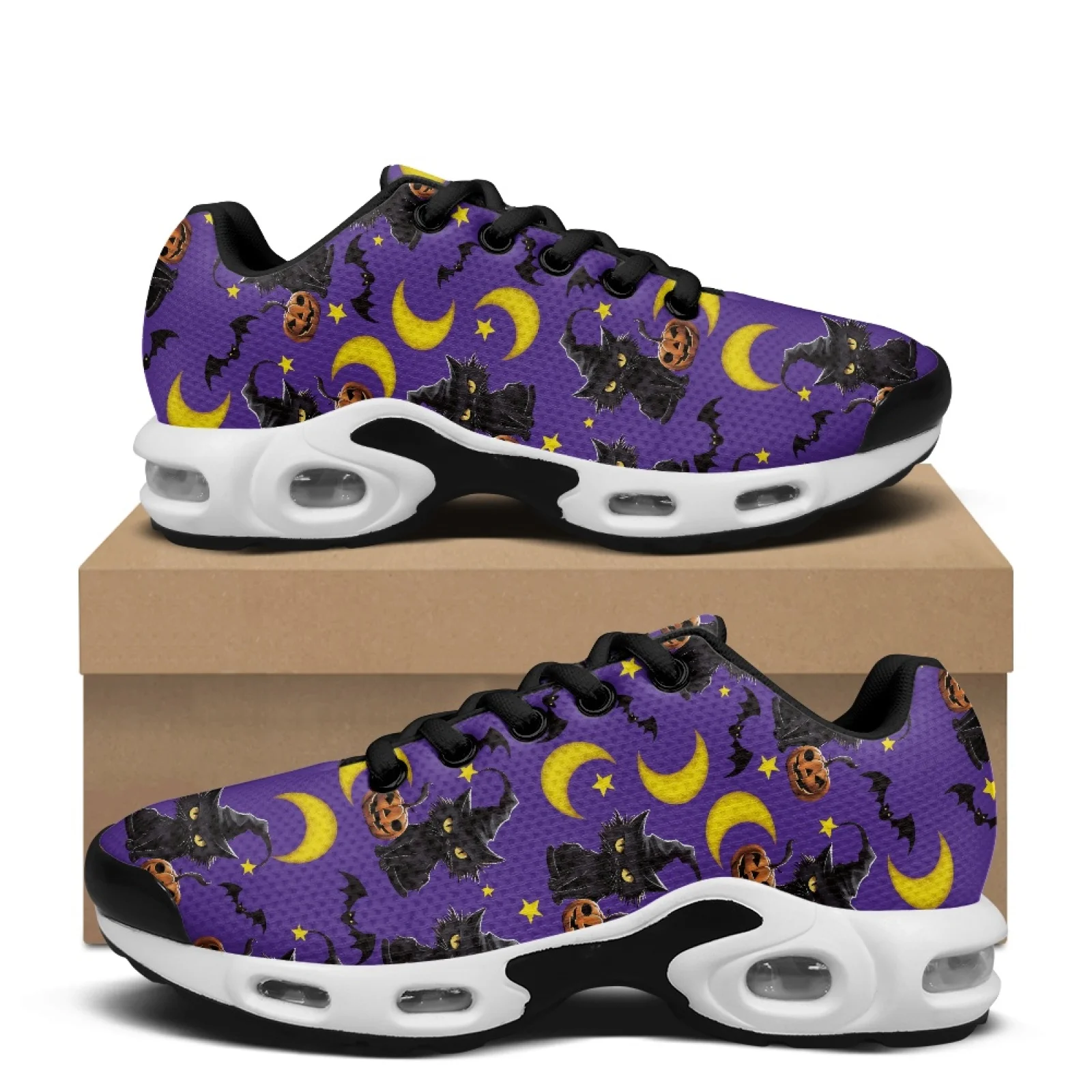 PENSTROLL Halloween Cat Pattern Air Cushion Walking Shoes for Men Mesh Tennis Sneakers Lace-up Sneakers
