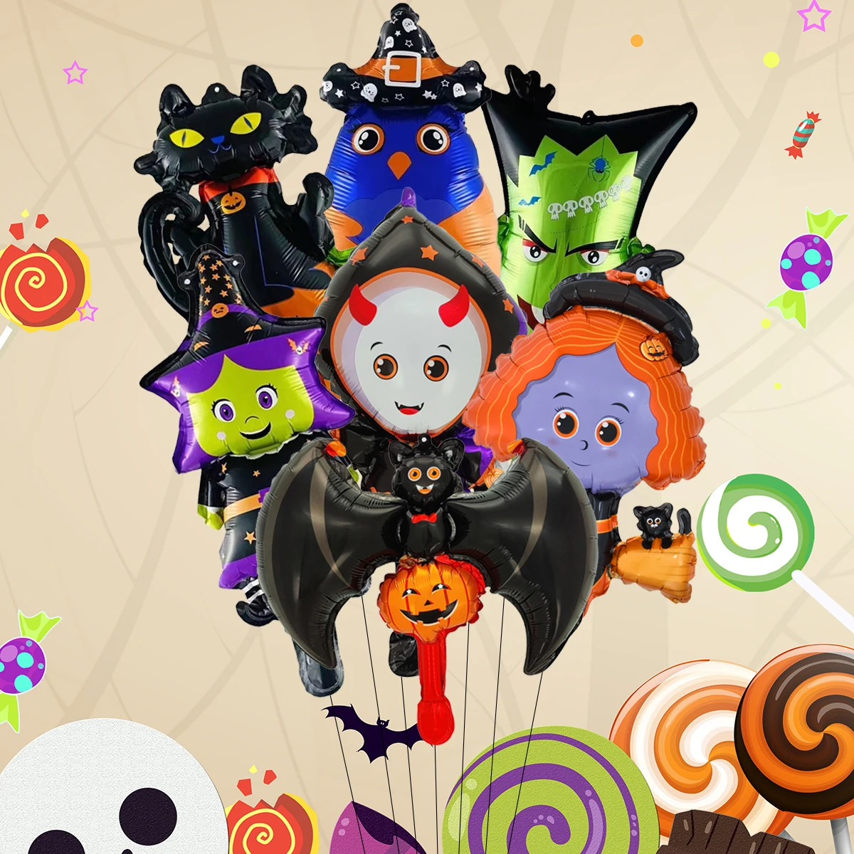 【セール中】7個入り ミニハロウィンテーマ 風船 パンプキン 猫 魔女 コウモリ型バルーン ハロウィンパーティーデコレーション