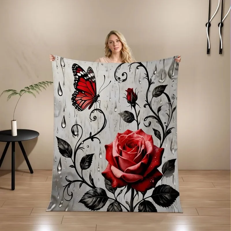 Sunflower Butterfly Red Purple Rose Flannel Throw Blanket Floral Art Print Soft Warm Air Condition Blanket for Sofa Bedroom